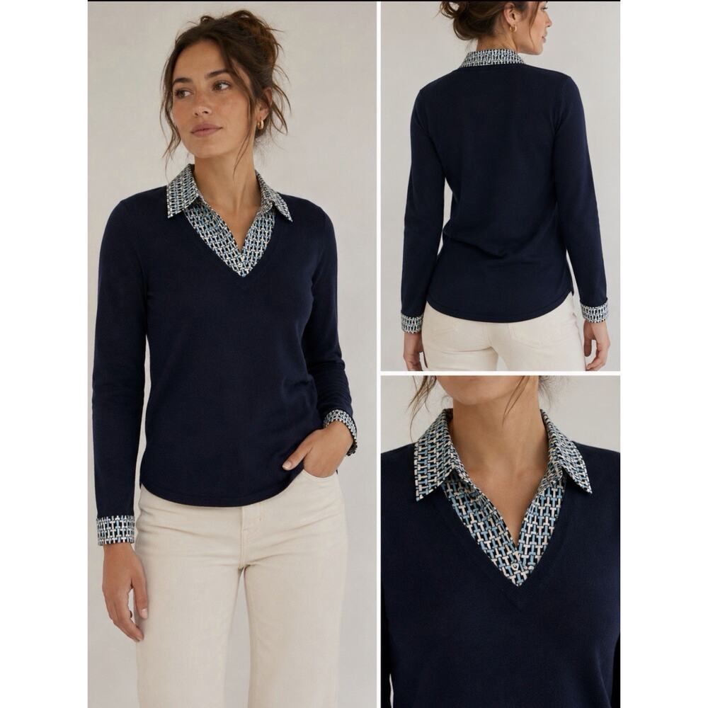 Tory Burch 100% Wool Layered Collar Sweater Womens Small Navy Preppy Golf - Picture 11 of 11